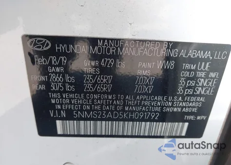 2019 Hyundai Santa Fe Se z USA, uszkodzony, nr VIN 5NMS23AD5KH091792